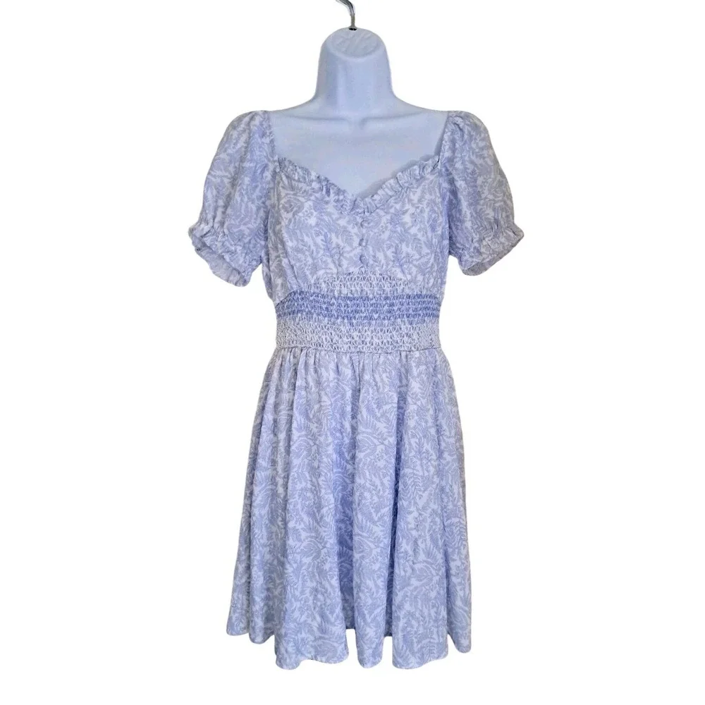 Lulus Mini Dress L Periwinkle Blue Print Puff Sleeve Sweetheart Neckline Smocked